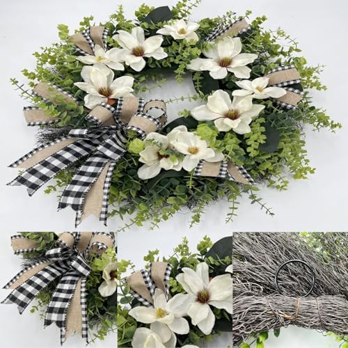 24 Inch Artificial Magnolia Wreath for Front Door – Farmhouse Boxwood Greenery Wreath with Buffalo Plaid Bow, Year-Round Rustic Home Wall Decor for Porch, Entryway, Living Room