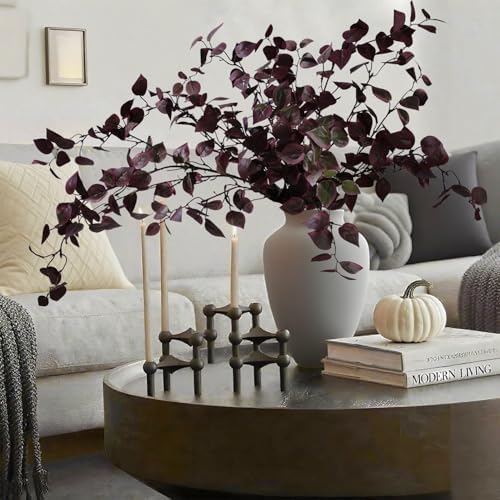 HyeFlora 5PCS Artificial Fall Eucalyptus Leaves Stem Plants, 32.7 inch Fake Leaves Autumn Greenery Branches Burgundy Shrubs Silk Faux Foliage DIY Stems for Thanksgiving Festival Home Kitchen Farmhouse