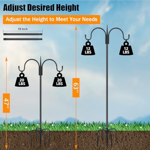 FEED GARDEN Small Shepherds Hook 63" Double Hooks Adjustable (47/63") - Alloy Steel 5-Prong Base, 12lb Capacity - Easy Assembly Bird Feeder Pole for Hanging Planters, Lanterns, Wind Chimes