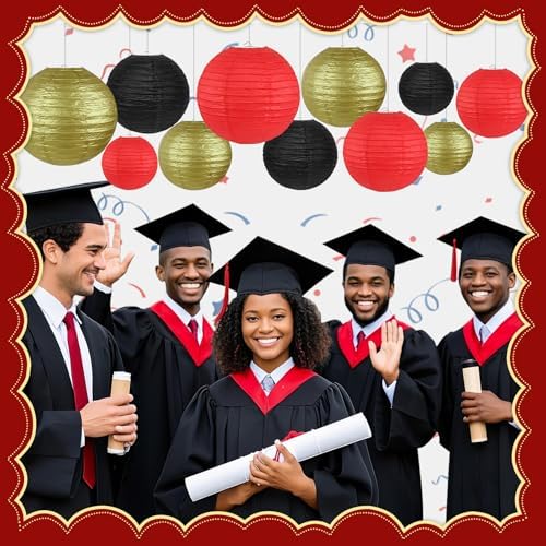 12 Pack (6" 8" 10" 12") Red Black and Gold Paper Lanterns - Hanging Round Lantern Kit for Graduation 2026, Casino Night, Red Carpet, Hollywood Theme Party, Game Night and Hibachi Party Decorations