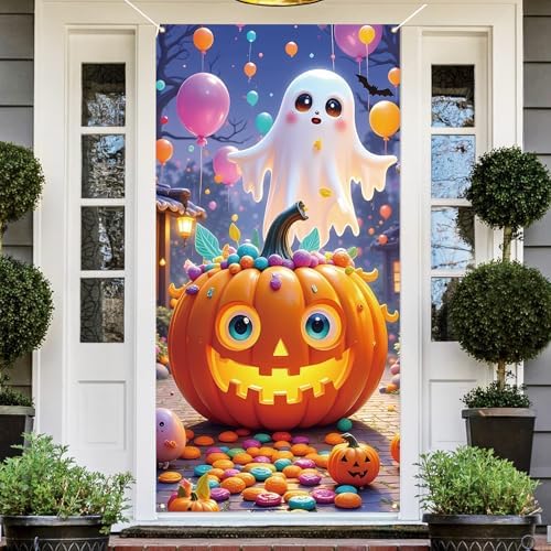 Halloween Door Cover, Funny Ghost Trick or Treat Front Porch Sign Banner, Cute Halloween Decoration and Supplies for Home 36x72 Inch