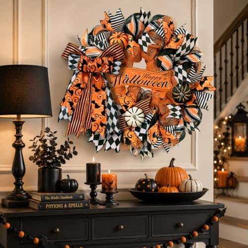 Halloween Wreaths for Front Door, Halloween Wreath with Ribbon Bow