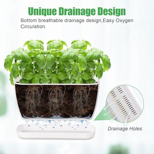 Oliz 4 Set Window Herb Planter Box Rectangular, Green Plastic Planters with Multiple Drainage Holes and Trays,Indoor Succulent Cactus Mint Flower Pot for Windowsill, Garden Balcony (White)