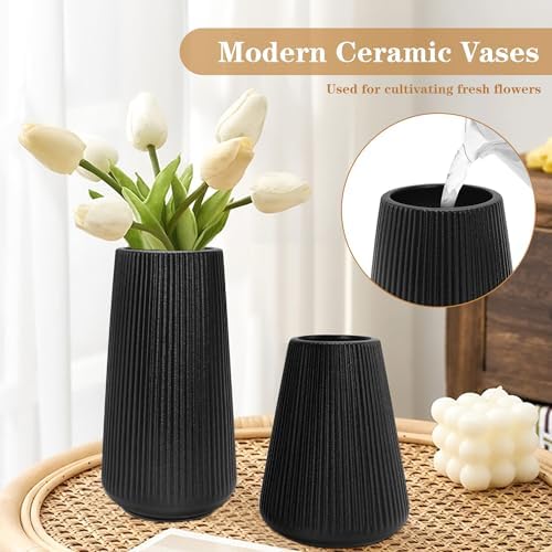 Black Ceramic Vase, GUKJOB Small Cute Flower Vase for Pampas Grass, Home, Living Room, Dining Table, Farmhouse, Office Decor, Bedroom, Table, and Kitchen Shelf (Black - 2Pcs)