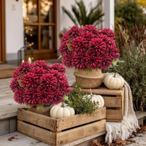 Fake Mums Flowers for Outdoors, 6 Pack 30 Heads Artificial Chrysanthemums Silk Fall Flower for Autumn Wedding Table Front Porch Halloween Diwali Cemetery Indoor Outside Decor (Burgundy)