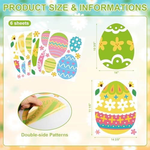 Happy Easter Egg Window Clings 6 Sheets, Green Pink Blue Easter Eggs Window Decals Stickers for Home Classroom Party Decorations Supplies, Reusable Spring Flowers Cling for Windows (Eggs)