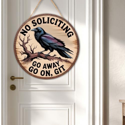 No Soliciting Wood Hanging Sign for Front Door, Crow Gifts Go On Git Door Sign