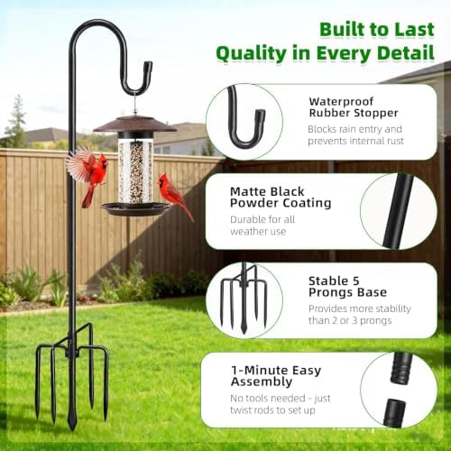 COCONUT 62" Shepherds Hooks for Outdoor, Bird Feeder Pole with 5 Prong Base, Adjustable Height Shepherds Hook for Hummingbird Feeder, Bird Feeder, Lightweight Plant, Wind Chimes, Lanterns (2 Pack)