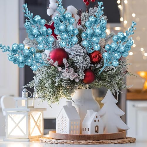 Geosar 36 Pcs Christmas Glittered Berries Stems, Light Blue