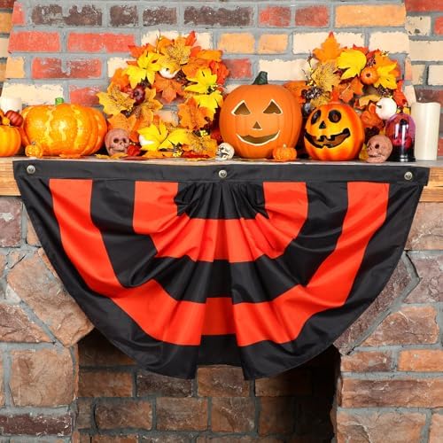 Newwiee 2 Pcs 3 x 1.5 ft Halloween Flag Bunting Half Fan Hanging Pleated Flag Banner with 3 Grommets for Halloween Indoor Outdoor House Party Holiday Yard Decorations Props, Black Orange