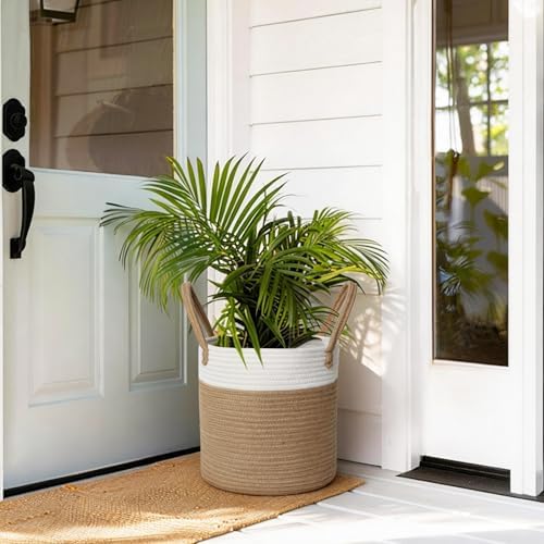 Woven Basket for Plant, 11"x11" Planter Basket for 10" Pot, Indoor Boho Artificial Tree Planter, Round 10 inch Flower Pot Cover, Rattan Holder with Handle for Plants, Jute Spliced Cotton Rope