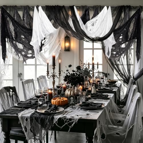 6 Pack Creepy Cloth 30 x 72 Inch, Spooky Halloween Polyester Decorations Scary Gauze Cloth Doorways Indoor Halloween Decorations Outdoor Yard Home Wall Decor(4 Black 2 White)