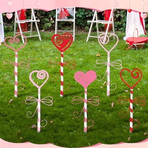 6 Pcs 14.6" Valentine's Day Metal Yard Stakes Large Metal Heart Garden Stakes Red Pink Planter Sign for Valentines Day Flower Pot Porch Patio Walkway Lawn Outdoor Decoration