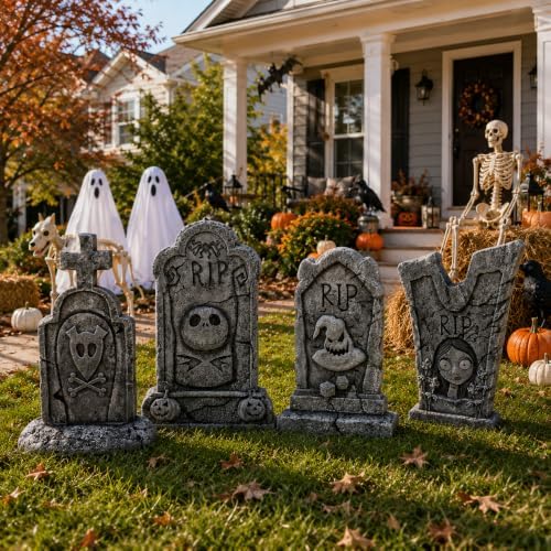 4PCS Metal Halloween Tombstone Yard Signs with Stakes Outdoor Decorations