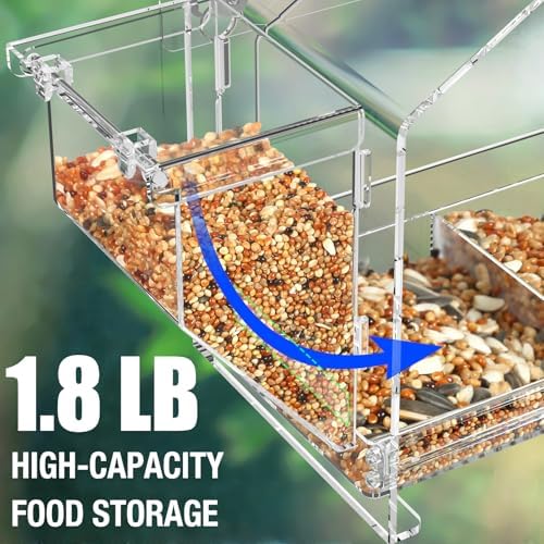 Window Bird Feeder with Dual Side Storage, Strong Suction Cups and Adhesive