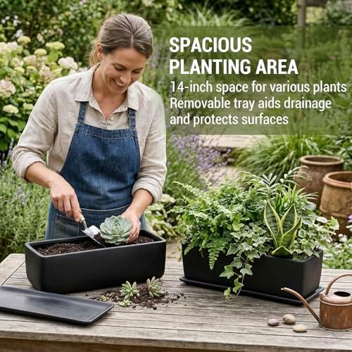 MyGift Matte Black Ceramic Indoor Plant Pot Succulent Planter, Decorative Flower Planter with Drainage Hole and Removable Tray (14 inch - 2 Pack)