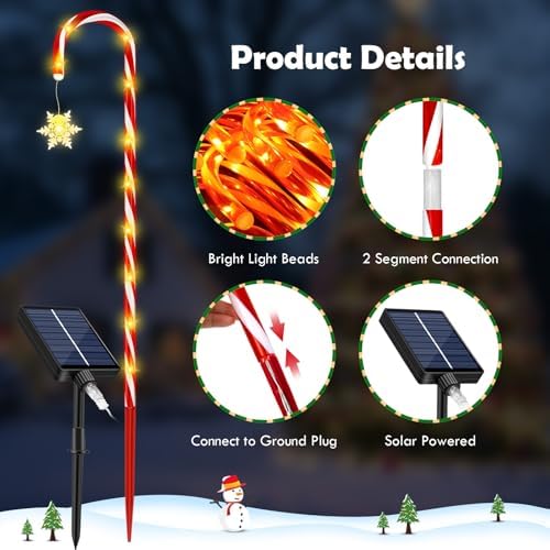 HELESIN 10Pack 40.75in Warm White Solar Candy Cane Pathway Lights Outdoor