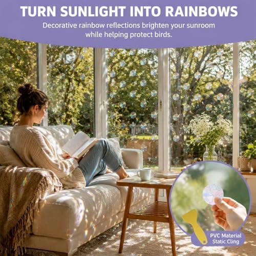 144 Pcs Static Circle Anti-Bird Collision Window Clings, Non Adhesive Prismatic Vinyl Rainbow Suncatcher Stickers, Reusable Window Decals to Prevent Bird Strikes with Scraper
