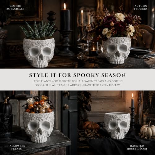 Halloween Skull Trick Or Treat Bowl Black Skeleton Planter Gothic Candy Pot