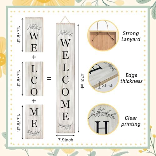 Welcome Sign for Front Porch Standing - Wooden Vertical Hanging Farmhouse Decor With Leaves for Front Door and Home Decorations 47.2"H