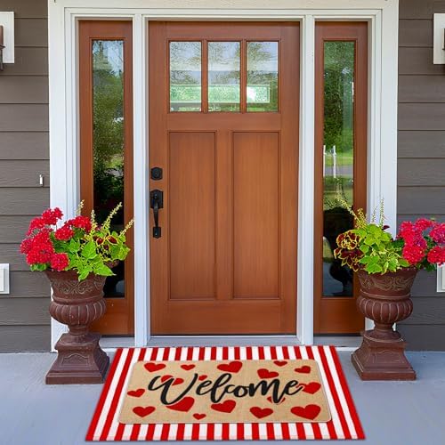 Tinideya 2 Pcs Valentine's Day Doormats Welcome Outdoor Red Heart Door Mats Layered Front Door Rugs Non Slip Floor Mats for Porch Entryway Outdoor
