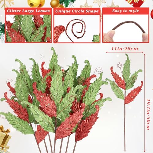 HyDren 10 Pcs Christmas Glitter Leaves Ornaments, Red and Green