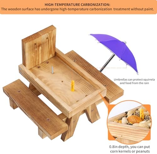 Gnodary Squirrel Feeder with Umbrella, Squirrel Feeders for Outside, Squirrel Picnic Table Feeder - Chipmunk Feeder Hold Corn, Corn Cob, Peanuts (Dark Purple)