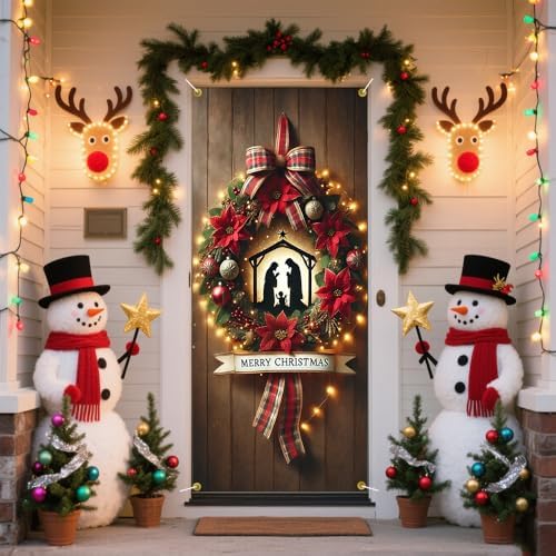 Nativity Scene Poinsettia Plaid Bow Christmas Door Cover 35x71in