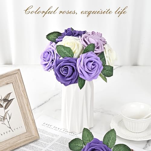 BLEUM CADE 36Pcs Artificial Flowers Fake Foam Roses with Stems for Wedding