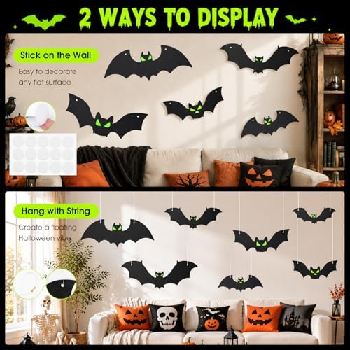 18PCS Bats Halloween Decoration with Glowing Eyes, Hang & Stick Flying Bat