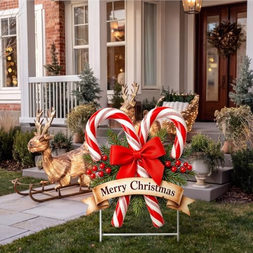 Weysat Christmas Outdoor Decorations Candy Cane Yard Signs with Ground Stakes Merry Christmas Garden Stake Decor Waterproof White Red Bow Outdoor Sign for Xmas Pathway Walkway Patio Garden Decoration