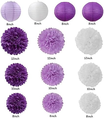 Lavender-Purple White Graduation Party Decorations - 20pcs Paper Lanterns Fans,Tissue Pom Poms,Honeycomb Balls,Birthday Wedding Bridal Baby Shower Engagement Bachelorette Decor Burgleda