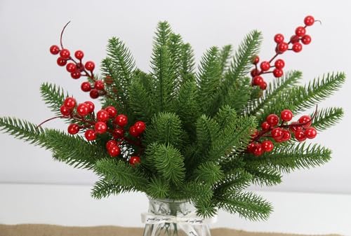 KLEWEE 60 Pcs Artificial Pine Branches, Christmas Tree Filler Branches, Realistic Faux Christmas Greenery Green Plants Pine Picks and Stems for Christmas Decorating Crafts Vase DIY Wreath Garland
