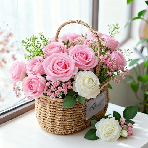 50Pcs Pink Roses Artificial Flowers with Stems，Fake Roses Bouquet Fake Flowers Bulk，Silk Velvet Roses for Wedding Centerpieces Arrangement Baby Shower Birthday Home Decor Gifts