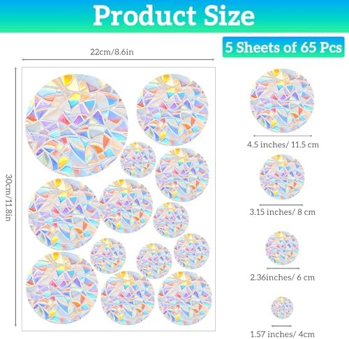 65Pcs Circle Window Stickers Non Adhesive Window Decals to Prevent Bird Strikes Vinyl Reusable Prism Rainbow Windows Clings for Birds Sun Catcher Sticker