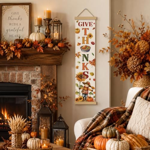 Fall Door Banner, Give Thanks Scarecrow Canvas Banner for Harvest Party
