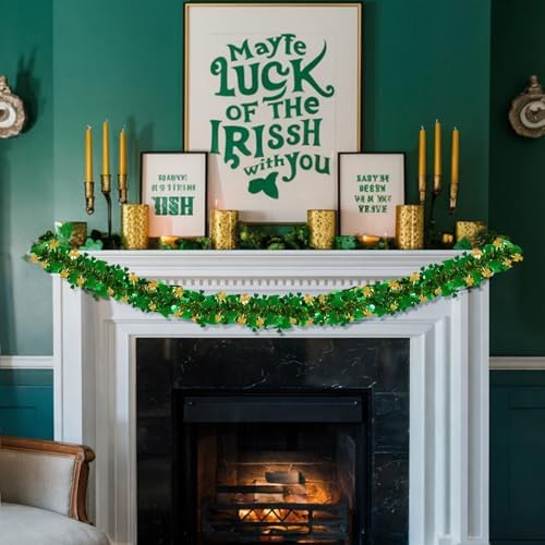 Yuubin St.Patrick's Day Garland Decor,50Ft Green Gold Tinsel Garlands Shamrock Hanging Decorations for St Patricks Day Home Indoor Outdoor Irish Party Supplies