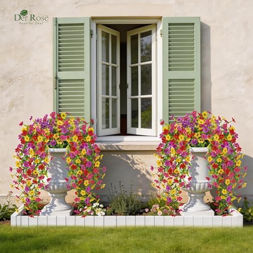 Der Rose UV Resistant Artificial Hanging Flowers for Outdoors, 2Pcs Silk Fake Dasiy Faux Hanging Flowers for Outdoor Planter Porch Balcony Yard Decor