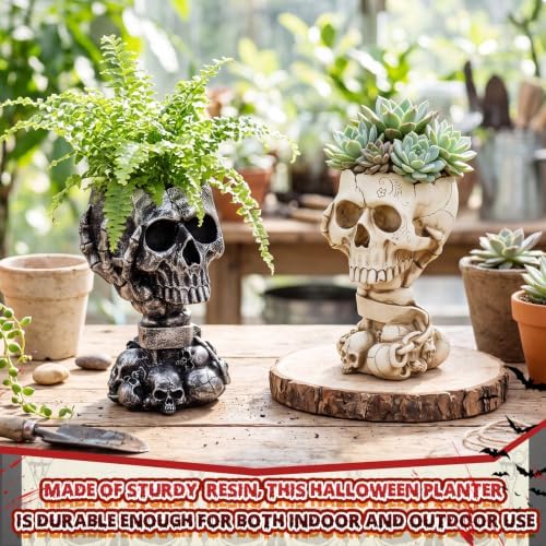2 Pack Halloween Skull Planter, White, Goth