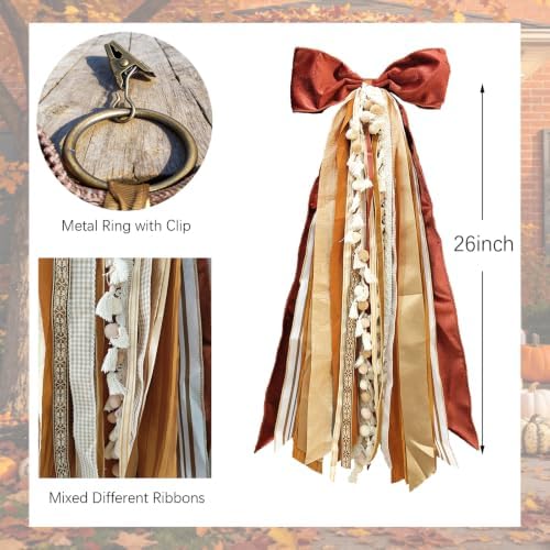 Wreath Ribbon Sash, Rust Velvet Bow for Front Door, Porch Fall Decor