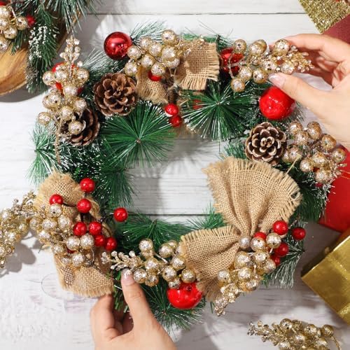 Geosar 36 Pcs Christmas Glittered Berries Stems, Champagne