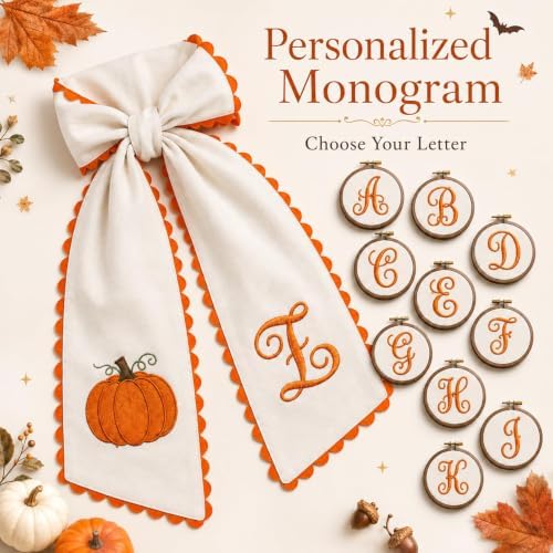 Halloween Pumpkin Wreath Sash Fall Front Door Orange Bow Decor Soft Cotton Feel Fabric Raised Embroidery Scalloped Trim Seasonal Accent Initials (B)