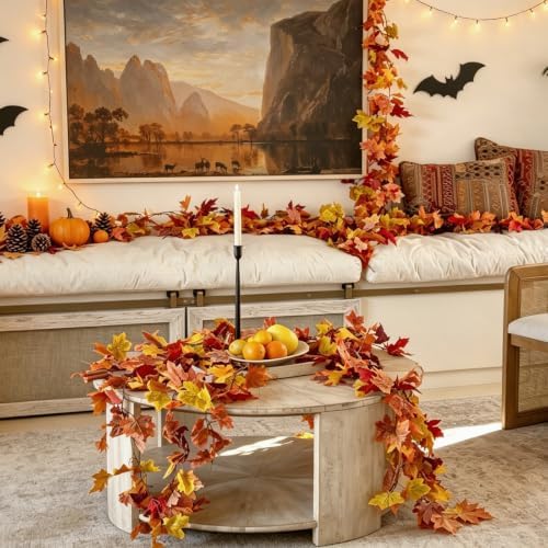 CQURE 14 Pack Fall Leaf Garland, Total 82.6Ft Artificial Fall Vines Autumn Garland Fall Maple Leaves Thanksgiving Decor for Home Wedding Fireplace Party