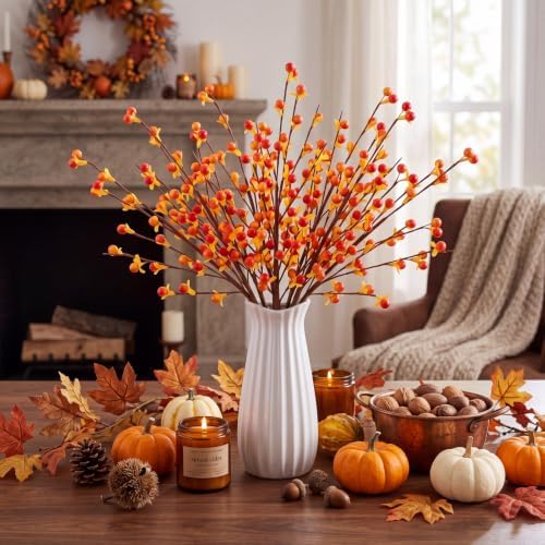 3 Pcs Artificial Fall Bittersweet Sprays 13.8 Inch Faux Berry Stems with 7 Branches Autumn Farmhouse Home Decor for Vase, Table Centerpieces, Thanksgiving, Indoor Arrangements