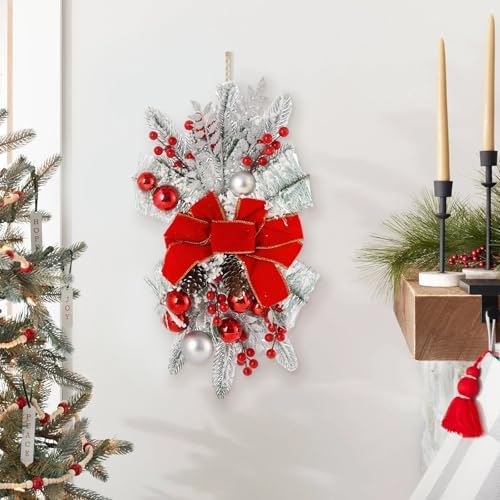 Christmas Swag Wreath for Staircase, Christmas GlitterTeardrop Decorations with Bow Swag Trim for Front Door Wall Window Indoor Outdoor (Red, 45cm*20cm)