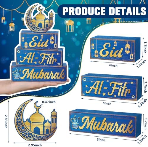 Yousoontic 4 Pcs Eid Mubarak Wooden Table Decor, Ramadan Mubarak Tiered Blocks Islamic Muslim Tabletop Decorations, Moon and Lantern Design, Blue and Gold Eid Table Centerpiece for Home Office