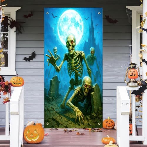 BlissYard Halloween Skeleton Graveyard Door Cover 35x71 Inch Polyester