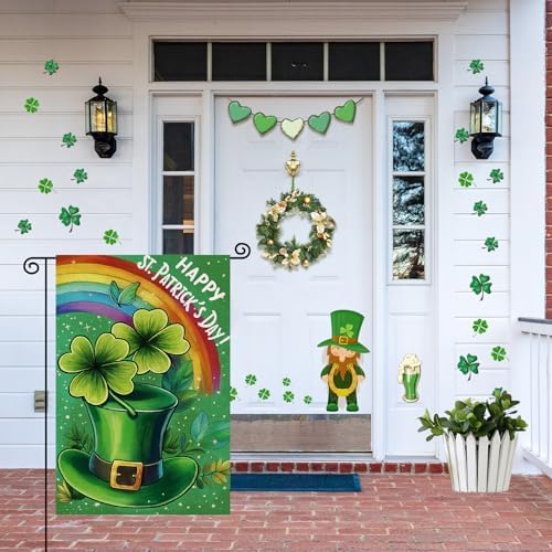 St Patricks Day Garden Flag 12x18In with Green Hat Four-leaf Clover