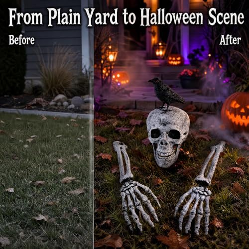 Halloween Yard Stakes Skeleton Decorations – Skull Head with Crow & 2 Skeleton Hands, 4-Piece Outdoor Halloween Decor, Skeleton Bones Ground Stakes for Yard, Lawn, Garden & Graveyard Display