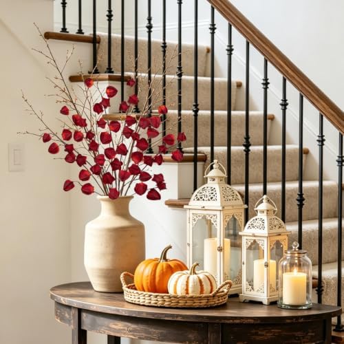 Oairse Artificial Chinese Lantern Flowers Stems - 6 Pcs Artificial Physalis Stems Faux Plants 29.5" Bendable Dark Red Fake Fall Berry Branches for Vase Bouquets Wedding Home Office Halloween Decor